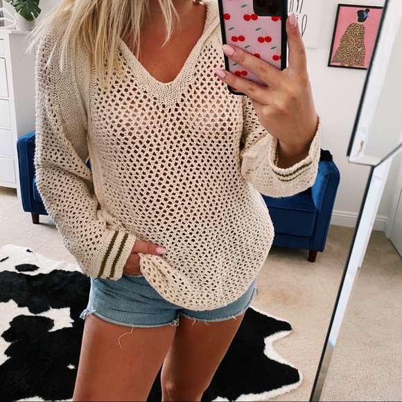 Free People Sweaters - Free people cream woven knit hooded sweater